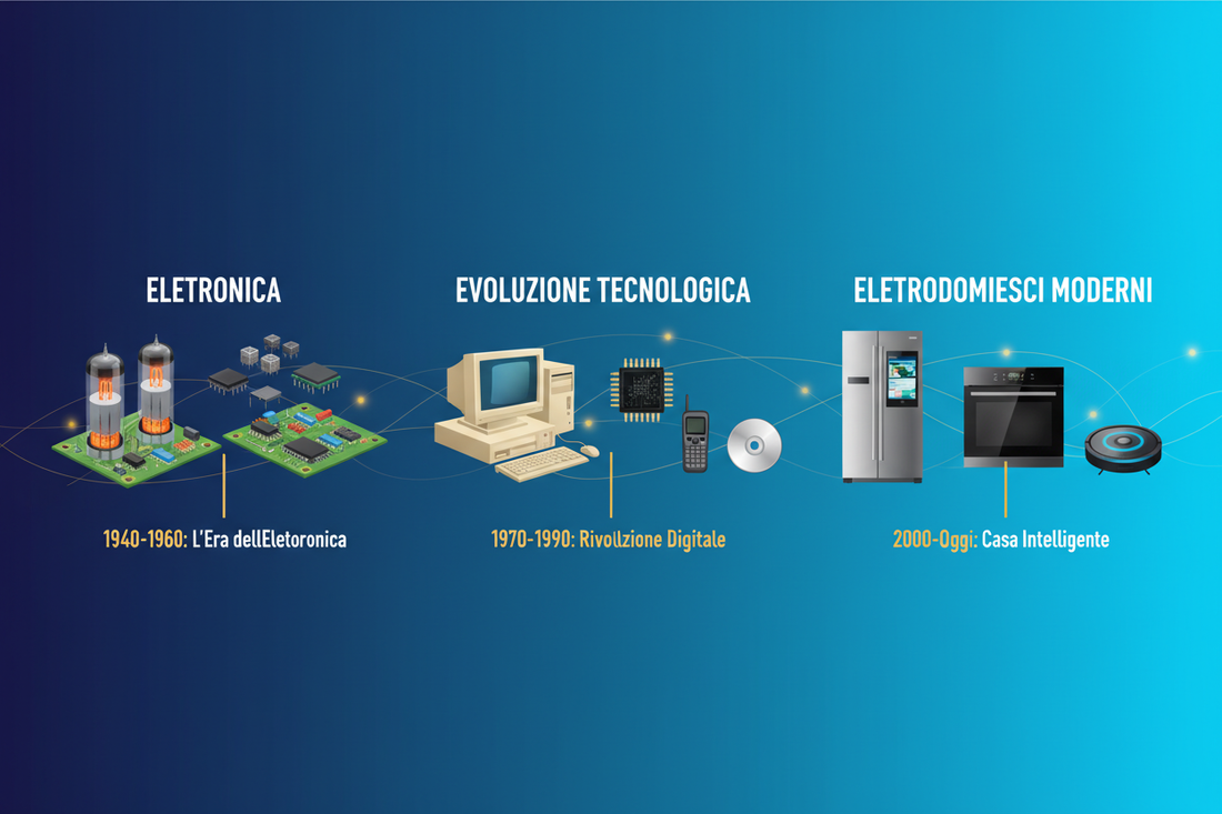 Visualizzazione della storia dell'innovazione tecnologica, dall'elettronica agli elettrodomestici moderni