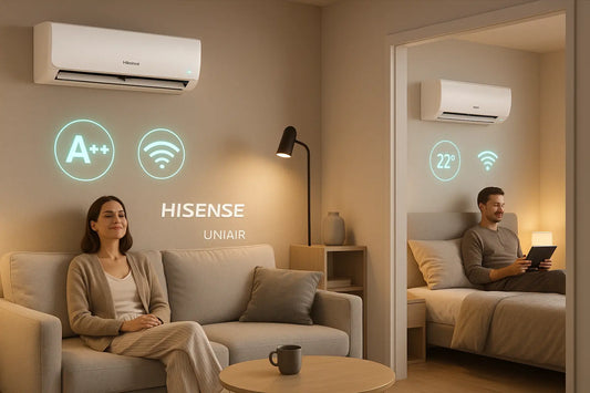 HISENSE DUAL SPLIT climatizzatori installati in soggiorno e camera da letto con simboli di efficienza e connettività wifi