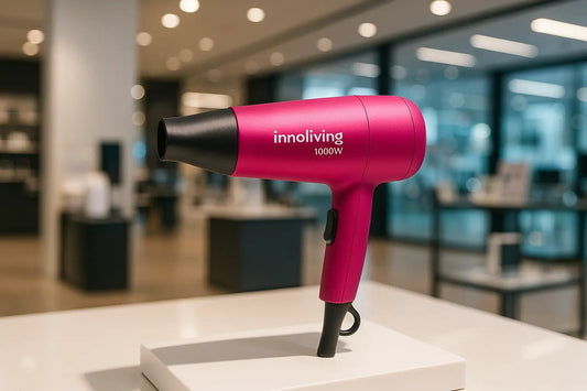 Asciugacapelli rosa Innoliving 1000W esposto su piedistallo in negozio di elettrodomestici moderno