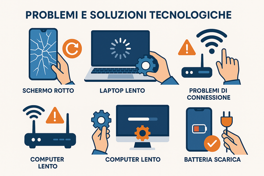 Problemi e soluzioni tecnologiche, evidenziando comuni problemi tecnologici come schermo rotto e computer lento
