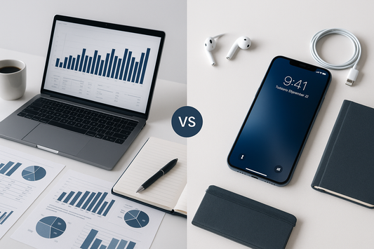 Confronto tra un computer con grafici e un telefono con accessori da lavoro