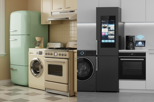 Confronto tra elettrodomestici vintage e moderni in una cucina elegante