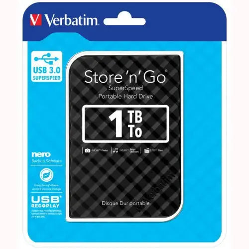 Hard disk portatile Verbatim Store n Go da 1 TB con interfaccia USB 3.0 SuperSpeed in confezione originale