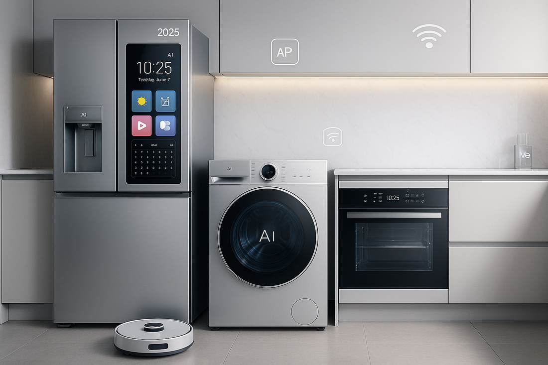 Cucina moderna con elettrodomestici con tecnologie avanzate 2025, tra cui frigorifero, lavatrice e robot aspirapolvere