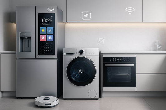 Cucina moderna con elettrodomestici con tecnologie avanzate 2025, tra cui frigorifero, lavatrice e robot aspirapolvere