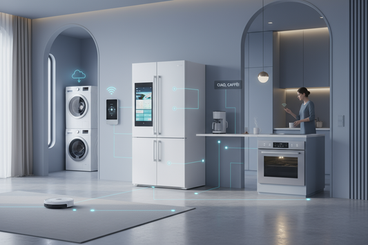 Cucina moderna con elettrodomestici intelligenti come frigorifero, lavatrice e forno