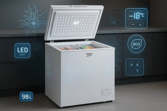 Congelatore Pozzetto bianco aperto in cucina moderna con scomparti, icone LED ed eco, meno 18 gradi, 98 litri