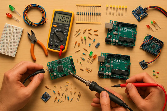 Attività di Elettronica Fai-da-Te con strumenti e componenti elettronici su un tavolo da lavoro