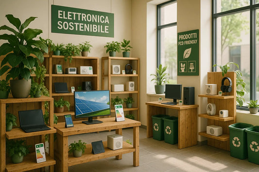 Negozio di elettronica green con prodotti ecologici e sostenibili in un ambiente verde