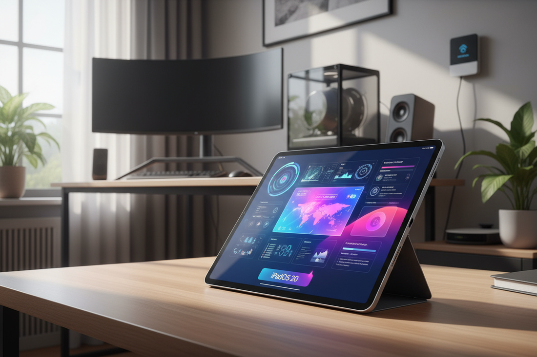 Apple iPad Pro 2025 visualizzato in un ambiente moderno con display interattivo e tecnologia avanzata