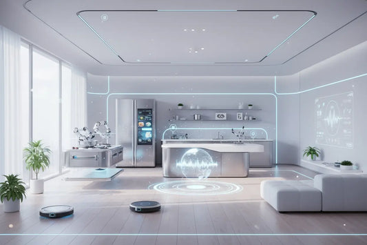 Cucina moderna con elettrodomestici intelligenti e robot per un ambiente futuristico