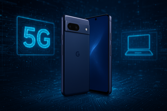 Google Pixel 10 in color blu con schermo acceso e grafica 5G sullo sfondo tecnologico