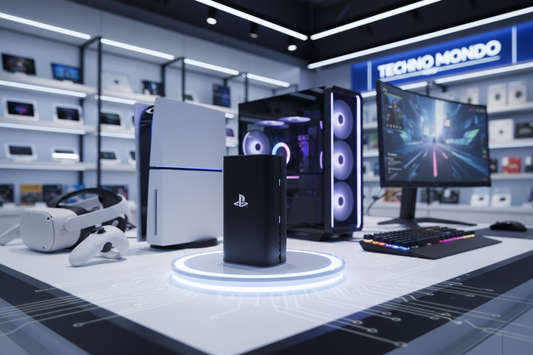 Configurazione tecnologica con PC da gioco e adattatore PC su un tavolo moderno