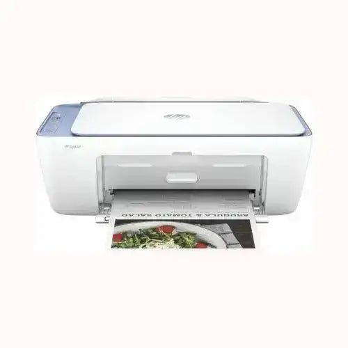 Stampante HP DeskJet 2822e in funzione con pagina stampata e offerte disponibili