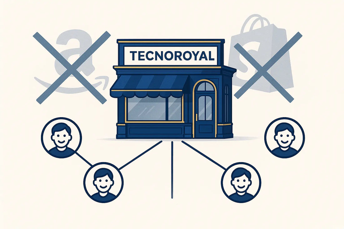 Vetrina del negozio TecnoRoyal con clienti connessi direttamente e rifiuto dei marketplace come Amazon