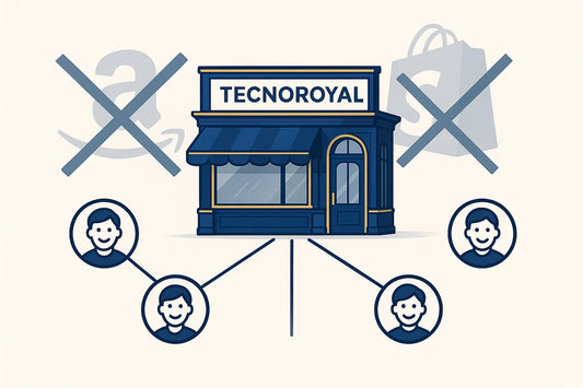 Vetrina del negozio TecnoRoyal con clienti connessi direttamente e rifiuto dei marketplace come Amazon