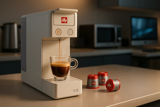 Macchina da caffè Illy Y3 che prepara un espresso con capsule Illy sul piano della cucina