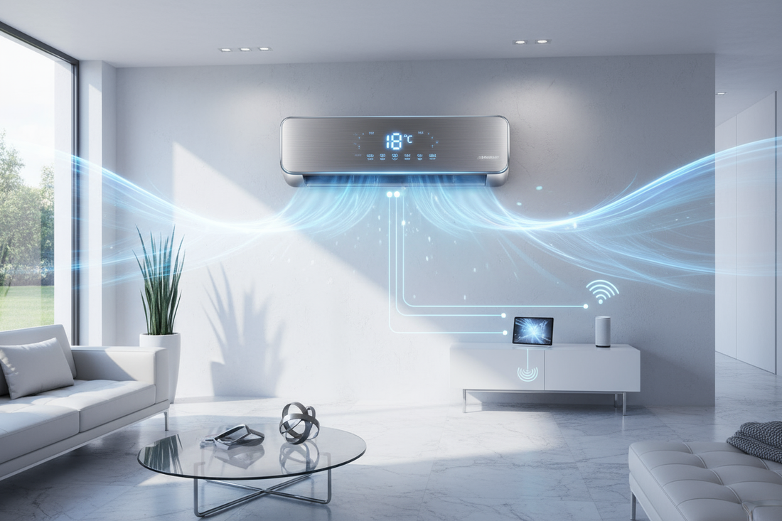 Climatizzatore HISENSE in un elegante soggiorno moderno con flussi d'aria visibili