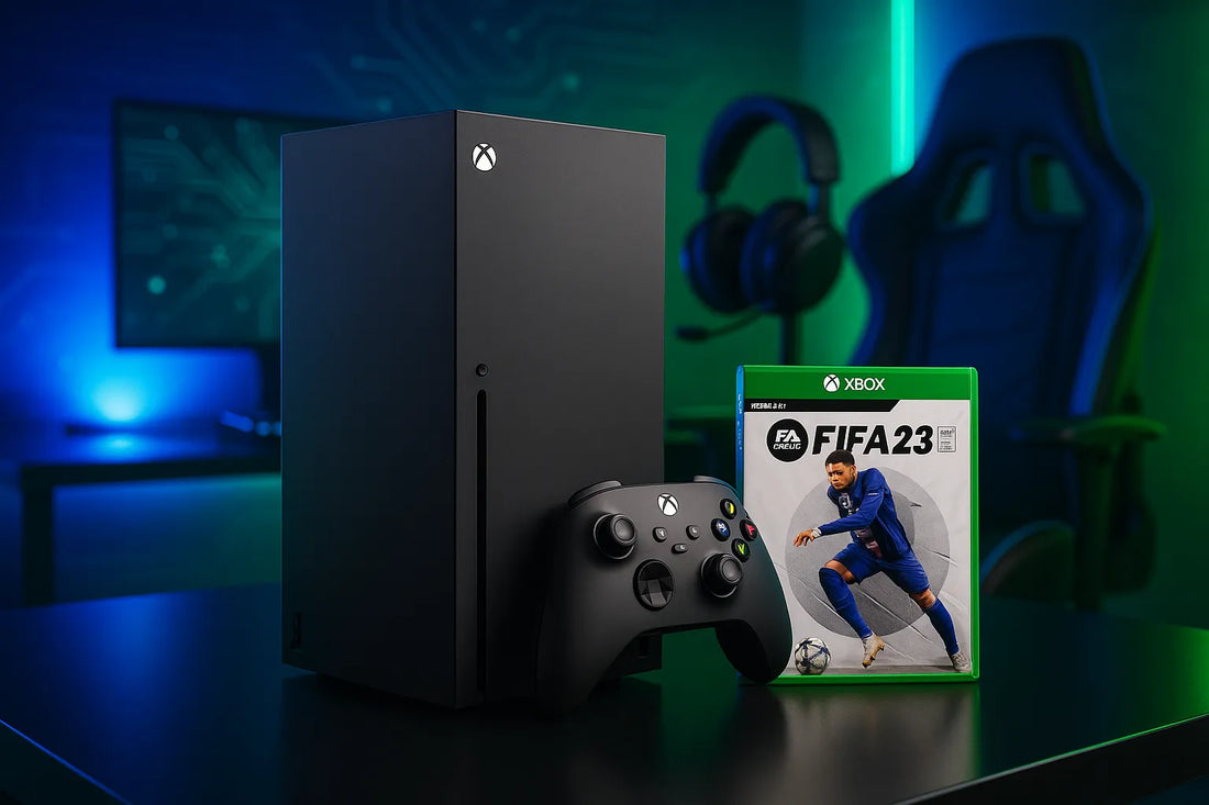Console XBOX Serie X con controller e gioco FIFA 23 su tavolo in ambiente da gaming