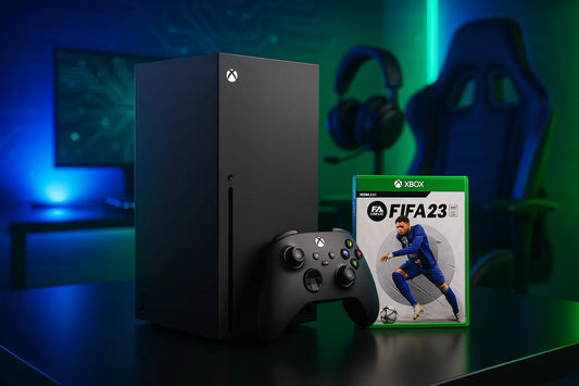 Console XBOX Serie X con controller e gioco FIFA 23 su tavolo in ambiente da gaming