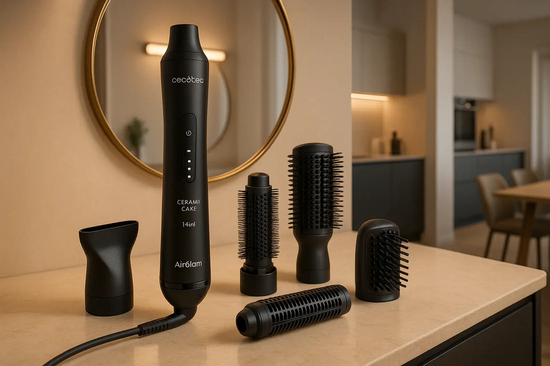Set styler nero con accessori spazzole e beccuccio su mobile bagno davanti a specchio moderno Cecotec Cerami Care