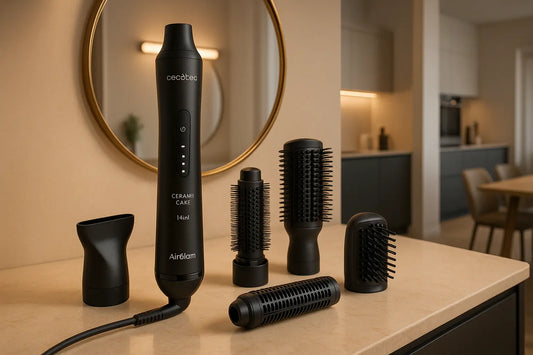 Set styler nero con accessori spazzole e beccuccio su mobile bagno davanti a specchio moderno Cecotec Cerami Care