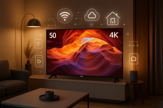TV 4K in salotto con display astratto e icone smart, modello LG 50'' LED 50NANO81T3A su mobile basso