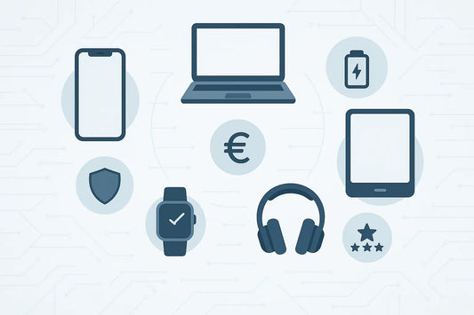 Varietà di dispositivi elettronici come smartphone, laptop e cuffie su uno sfondo tecnologico