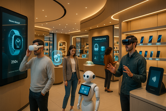 Negozio di elettronica con persone che provano visori VR e un robot umanoide, esplorando Le Innovazioni nell'Elettronica