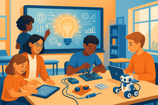 Bambini che esplorano l'elettronica educativa in un'aula moderna con attrezzature tecnologiche