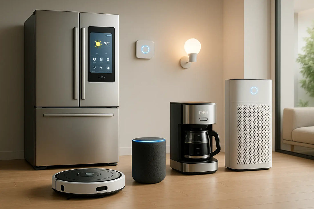 Collezione di elettrodomestici moderni tra cui frigorifero, robot aspirapolvere e macchina da caffè