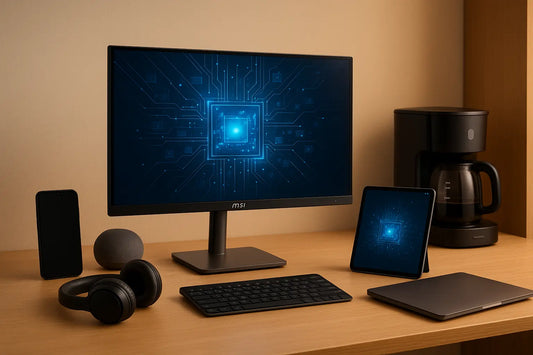 Postazione di lavoro moderna con un MSI Monitor, laptop, tablet e accessori tecnologici