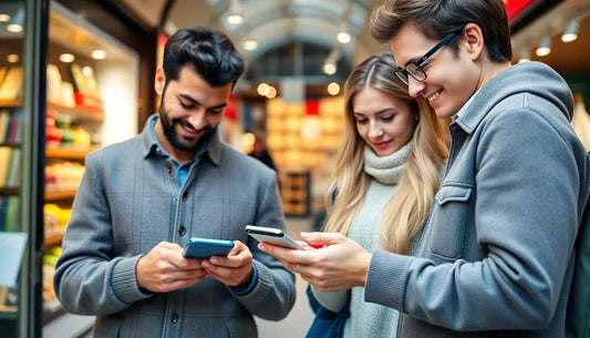 Tre giovani che usano smartphone in un negozio moderno per analizzare le differenze e commerce Italia Francia