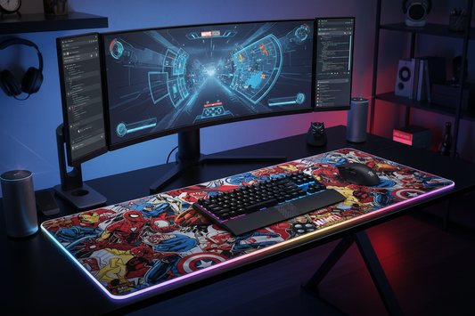 Scrivania da gioco con tappetino Paladone e schermi curvi, perfetta per appassionati di gaming