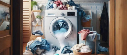 Lavatrice che perde schiuma con vestiti sparsi intorno problemi comuni lavatrice e soluzioni