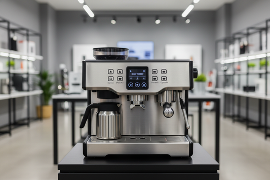 Macchina da caffè moderna con display digitale e accessori in un ambiente elegante