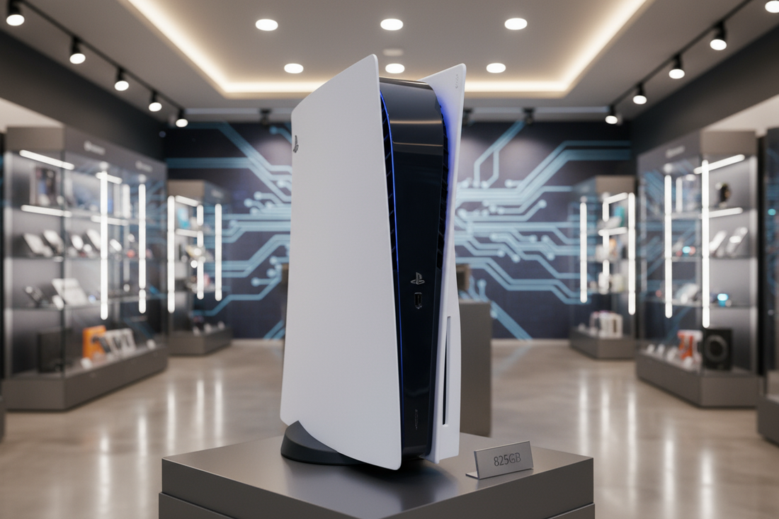 Console PS5 esposta in un negozio moderno con accessori di ultima generazione