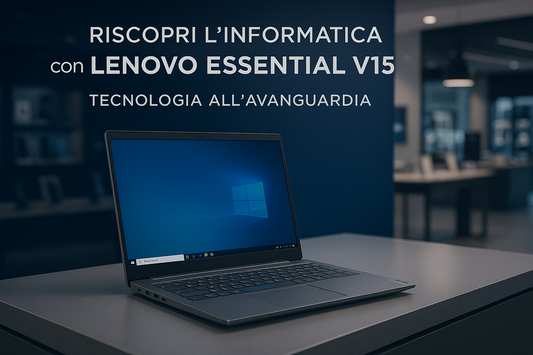 Laptop Lenovo Essential V15 su un tavolo, schermata di avvio di Windows evidente sullo schermo