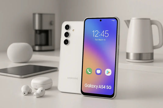 Samsung Galaxy A54 5G bianco appoggiato su piano cucina con cuffie wireless tablet e bollitore sullo sfondo