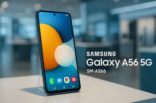 Smartphone Samsung SM-A566 con display e icone colorate in uno studio moderno