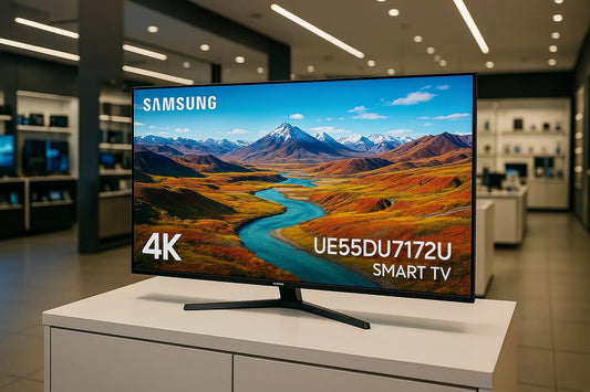 Samsung UE55DU7172U Smart TV con qualità 4K in un ambiente moderno di vendita al dettaglio