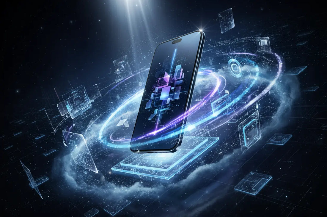 Modello di iPhone 16e in un ambiente futuristico con effetti digitali e illuminazione intensa