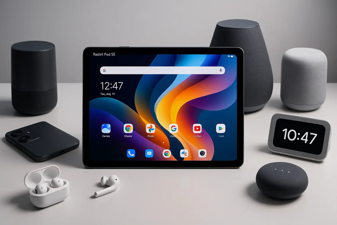 Xiaomi Redmi Pad SE su scrivania con display acceso circondato da auricolari wireless smartphone e speaker smart