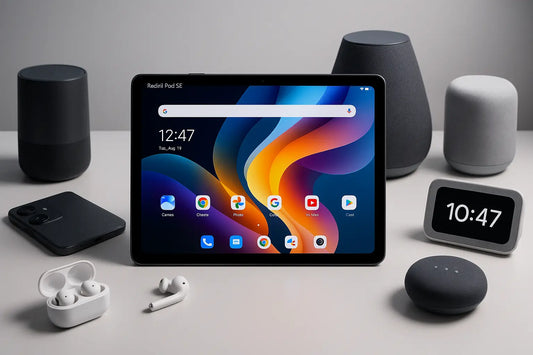 Xiaomi Redmi Pad SE su scrivania con display acceso circondato da auricolari wireless smartphone e speaker smart