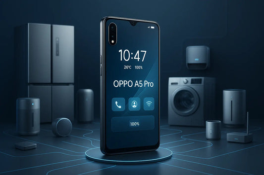 Smartphone OPPO A5 Pro in primo piano con schermo che mostra interfaccia smart home e elettrodomestici connessi