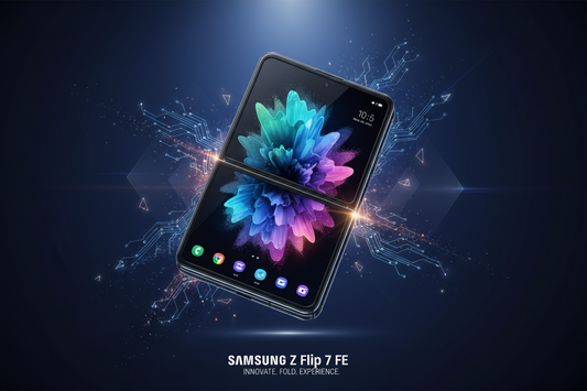 Samsung Z Flip 7 FE con schermo pieghevole e design innovativo su sfondo futuristico