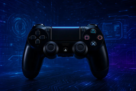 Controller nero di gioco per SONY PS4 con luci LED blu su sfondo digitale futuristico