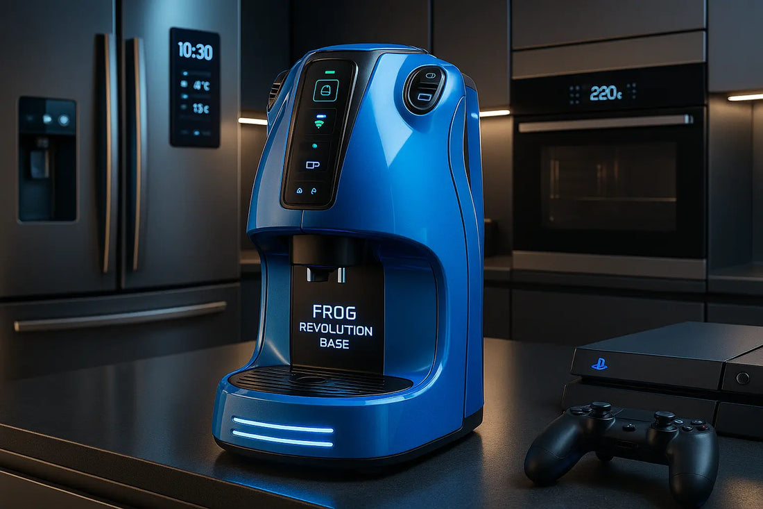 Macchina da Caffè Frog Revolution in un design blu moderno su un piano cucina elegante