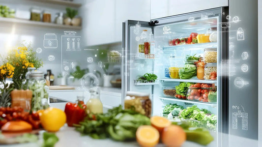 Frigorifero aperto in cucina moderna con verdure fresche e illustrazioni delle caratteristiche tecniche frigoriferi intelligenti