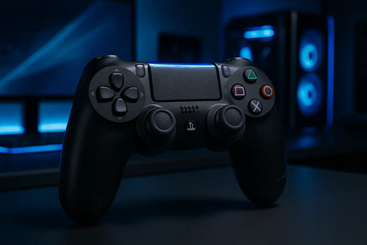 Controller nero per console SONY PS4 con luci blu in ambiente di gioco moderno